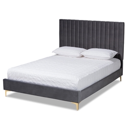 Baxton Studio Serrano Contemporary Glam and Luxe Grey Velvet Fabric Upholstered and Gold Metal Queen Size Platform Bed